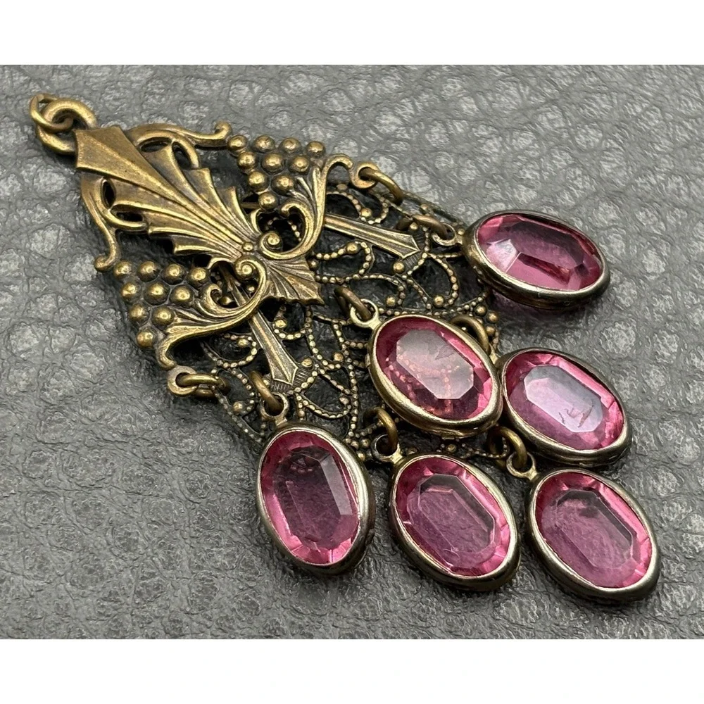 VTG Nouveau Revival Brass Tone Crystal Station Pendant Filigree Chandelier Style